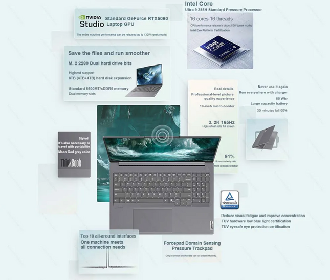 【2025 New Stock】ThinkBook16+ Ultra 9 285H + RTX 5060 + 32GB DDR5 + 1TB SSD + 165HZ + 3200*2000