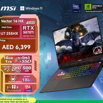 【2025 New Stock】MSI Vector 16 HX U7 255HX + RTX5070Ti + 16GB + 1TB SSD + 240HZ + 2.5K Display