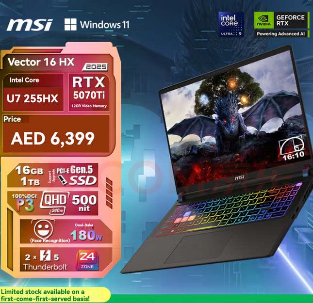 【2025 New Stock】MSI Vector 16 HX U7 255HX + RTX5070Ti + 16GB + 1TB SSD + 240HZ + 2.5K Display